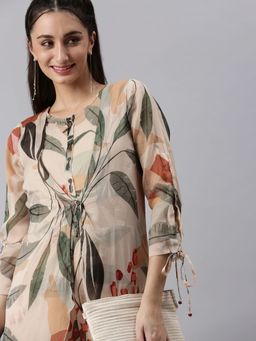 SHOWOFFFF - Womens Round Neck Three-quarter Sleeves Beige Printed Jumpsuit