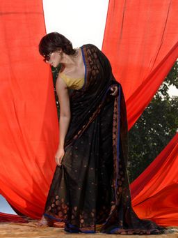 CHARUKRITI - Black Cotton Blend Handwoven Zari Buttas and Motifs Saree with Unstitched Blouse