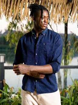 The Bear House - Men Blue Striped Indigo Wash Casual Shirt