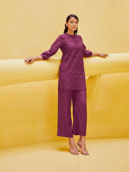 KAFTANIZE - Kiaa Purple Embroidered-Sequined Viscose Co-ord (Set of 2)