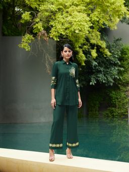 KAFTANIZE - Kiaa-Bottle Green Embroidered- Sequined Co-ord