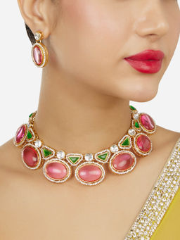 Zaveri Pearls - Pink Green Stones Austrian Diamonds Necklace and Earring Set