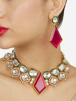 Zaveri Pearls - Pink Stone Green Meenakari Diamonds Necklace and Earring Set