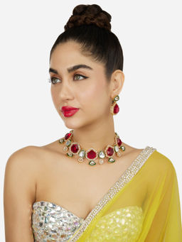 Zaveri Pearls - Pink Stones Green Meenakari Diamonds Necklace and Earring Set