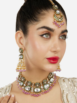 Zaveri Pearls - Purple Beads Green Meenakari Necklace Earring Maangtikka Set