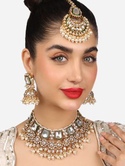 Zaveri Pearls - Green Meenakari Kundan Choker Necklace Earring Maangtikka Set