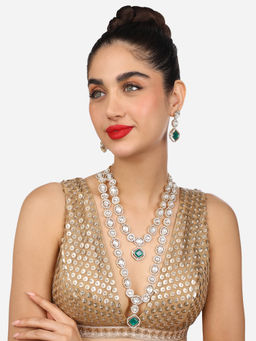Zaveri Pearls - Green Stones Diamonds Layered Bridal Necklace and Earring Set
