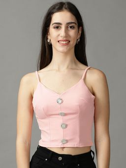 SHOWOFF - Womens Shoulder Straps Fitted Solid Pink Crop Top