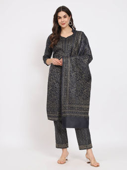 Zamour - Women's Navy Blue Unstitched Kani Woollen Unstitched Kurta with Bottom and Dupatta (Set of 3)