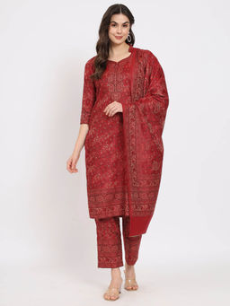 Zamour - Women's Maroon Unstitched Kani Woollen Unstitched Kurta with Bottom and Dupatta (Set of 3)