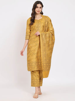 Zamour - Women's Mustard Unstitched Kani Woollen Unstitched Kurta with Bottom and Dupatta (Set of 3)