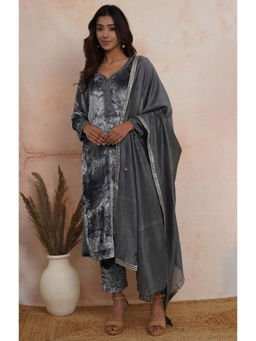 TANYA BERRY - Steel Grey Velvet Kurta with Pant & Dupatta (Set of 3)