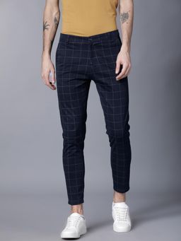 HIGHLANDER - Men Navy Blue Checked Slim Fit Chinos