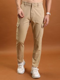 HIGHLANDER - Men Beige Solid Tapered Fit Cotton Cargos