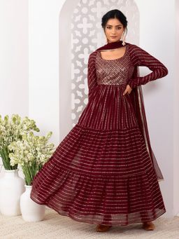 Indya Luxe - Maroon Mukaish And Sequinned Anarkali Suit With Churidar And Dupatta (Set of 3)