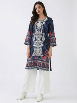 the AMANI store - Women Navy Blue Vintage Floral Cotton Lawn Kurti