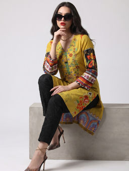 the AMANI store - Women Embroidered Yellow Cotton Lawn Kurti