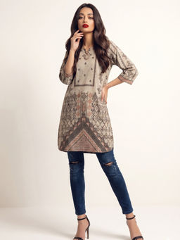 the AMANI store - Women Beige Geometric Print Cotton Lawn Kurti