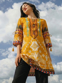 the AMANI store - Women Mustard Tribal Motif Cotton Lawn Kurti