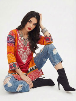 the AMANI store - Women Orange Tribal Print Cotton Lawn Kurti
