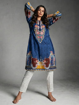 the AMANI store - Women Blue Floral Embroidered Look Cotton Lawn Kurti