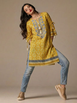 the AMANI store - Women Mustard Tassel Neck Printed Cotton Lawn Kurti