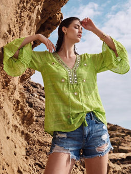 the AMANI store - Green Mirror Work Boho with Tassel Top