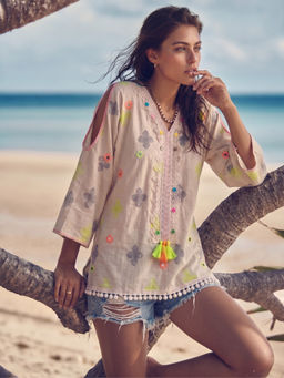 the AMANI store - Beige Embroidered Boho with Neon Tassel Accents Top