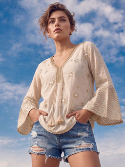 the AMANI store - Ivory Mirror Embellished Boho with Chevron Top