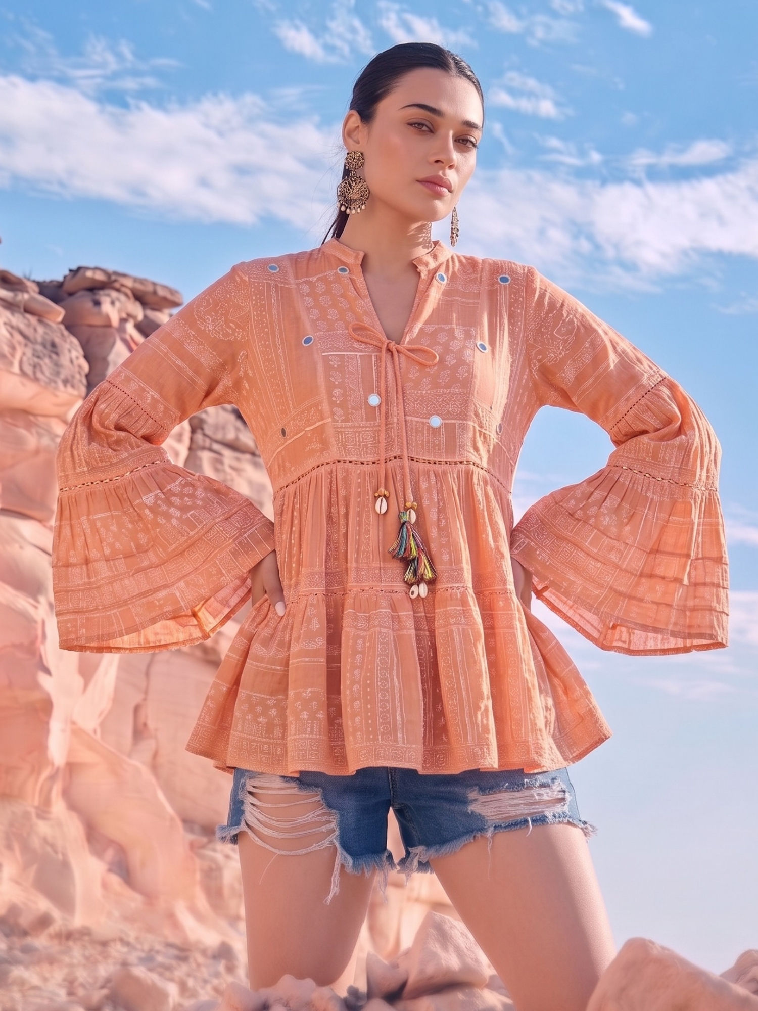 Peach Printed Tiered Boho with Bell Sleeves Top-picture-18