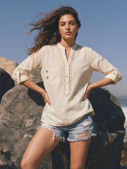 the AMANI store - Off White Embroidered Utility Boho Top