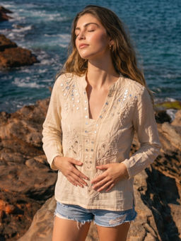 the AMANI store - Beige Sequin Embroidered Boho Top
