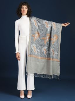 Zamour - Women Grey Fine Wool Embroidered Stole