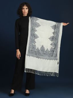 Zamour - Women White Fine Wool Embroidered Stole