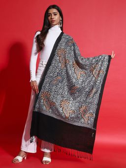Zamour - Women Black Fine Wool Embroidered Stole