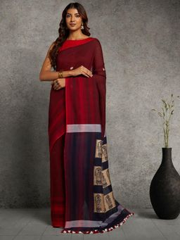 ArtEastri - Handloom Red Black Baluchari Cotton Saree with Unstitched Blouse
