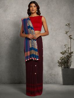 ArtEastri - Handloom Burgundy Blue Baluchari Cotton Saree with Unstitched Blouse