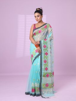 CHARUKRITI - Sky Blue Muslin Soft Saree Embroidered Work with Unstitched Blouse
