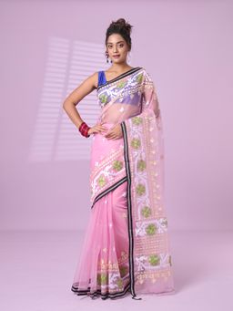 CHARUKRITI - Baby Pink Muslin Soft Saree Embroidered Work with Unstitched Blouse