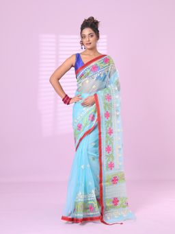 CHARUKRITI - Sky Blue Muslin Soft Saree Embroidered Work with Unstitched Blouse