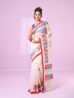 CHARUKRITI - Off White Muslin Soft Saree Embroidered Work with Unstitched Blouse