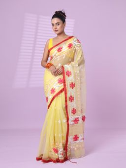 CHARUKRITI - Banana Yellow Muslin Soft Saree Embroidered Work with Unstitched Blouse