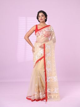 CHARUKRITI - Beige Muslin Soft Saree Embroidered Work with Unstitched Blouse