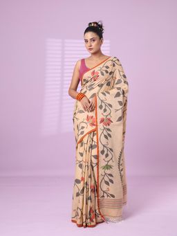 CHARUKRITI - Beige Cotton Soft Saree Foliage Design with Unstitched Blouse