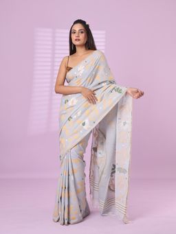 CHARUKRITI - Grey Cotton Soft Saree Foliage Design with Unstitched Blouse