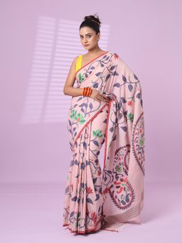 CHARUKRITI - Rosewood Pink Cotton Soft Saree Foliage Design with Unstitched Blouse