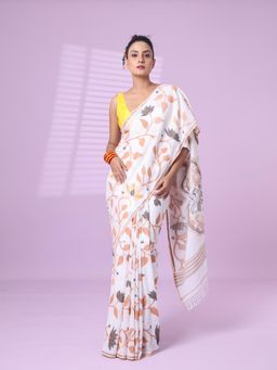 CHARUKRITI - White Cotton Soft Saree Foliage Design with Unstitched Blouse