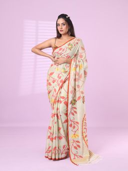 CHARUKRITI - Pistachio Green Cotton Soft Saree Foliage Design with Unstitched Blouse