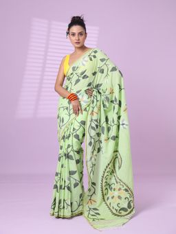 CHARUKRITI - Light Green Cotton Soft Saree Foliage Design with Unstitched Blouse