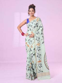 CHARUKRITI - Pistachio Green Cotton Soft Saree Foliage Design with Unstitched Blouse